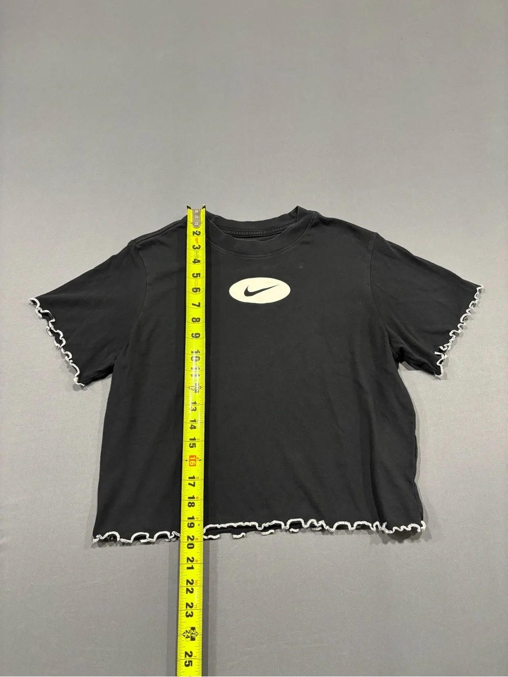 Nike Black Cropped Tee with White Swoosh and Lettuce Hem